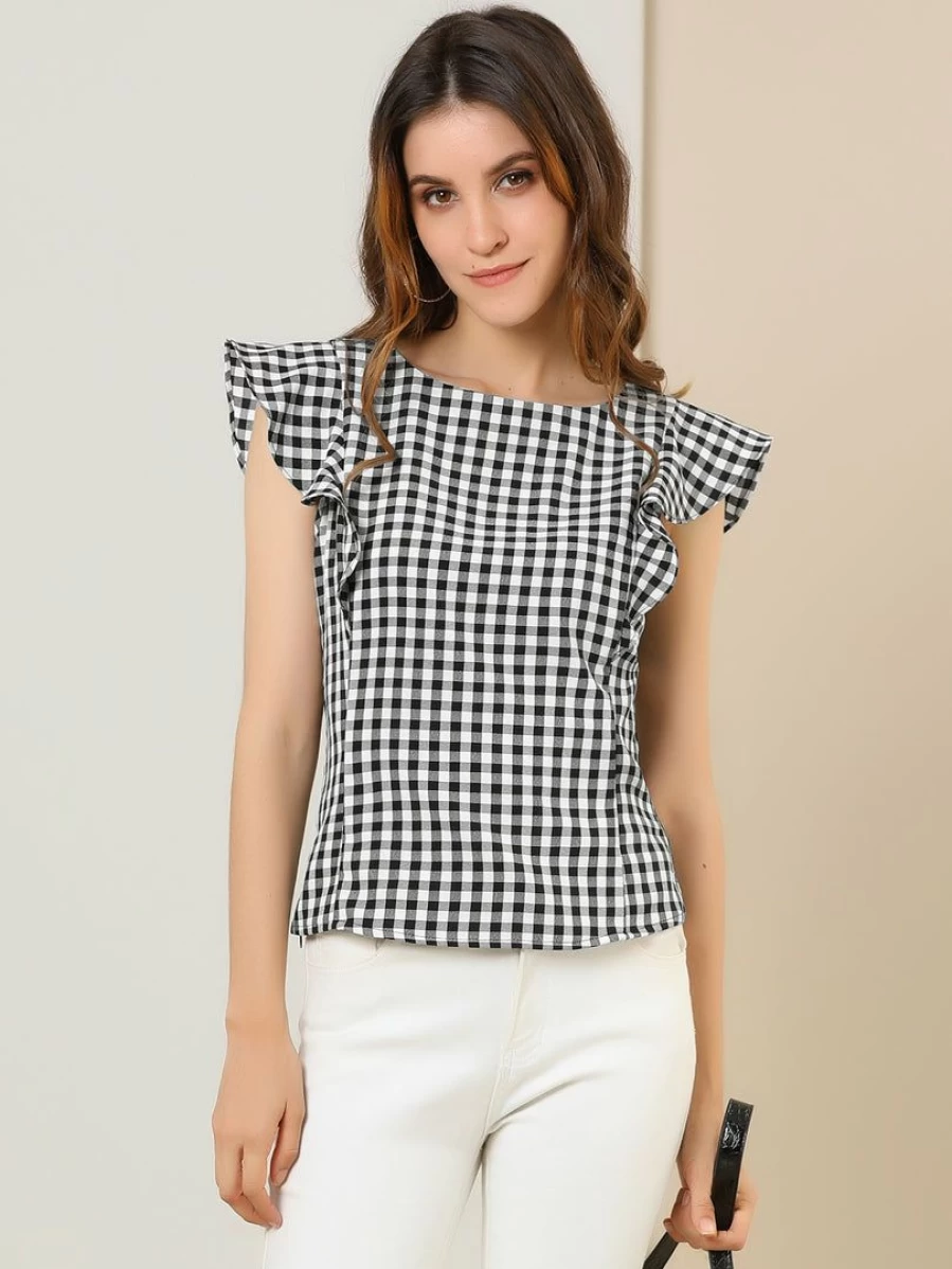 Black & White Plaid Flutter Sleeve Boat Neck Blouse for Women - Office & Work Ruffle Shirt