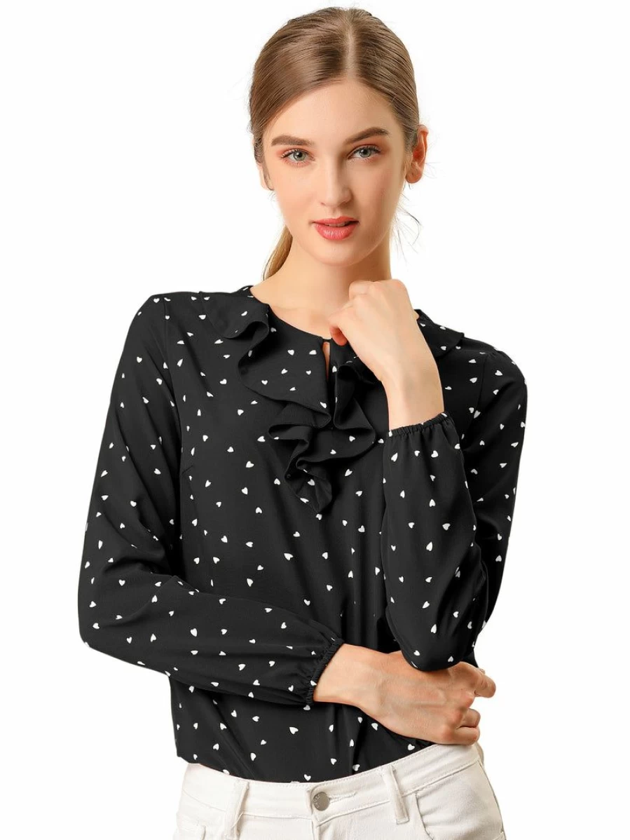 Vintage Polka Dot Long Sleeve Blouse with Ruffle Neck Detail