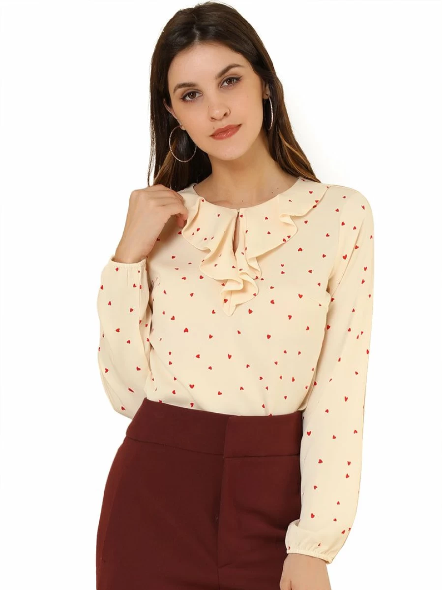 Vintage Polka Dot Long Sleeve Blouse with Ruffle Neck Detail