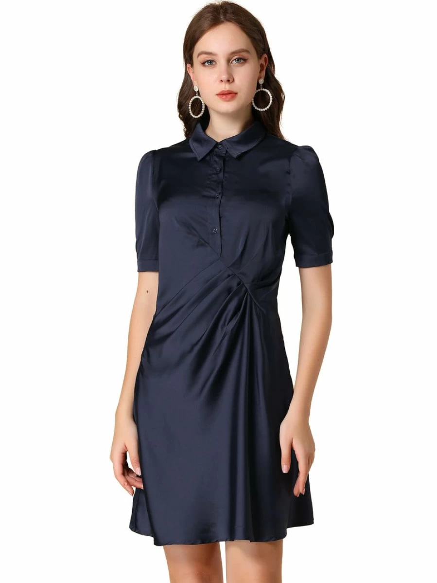 Navy Blue Satin Office Dress for Women with Ruched Detail and Short Sleeves