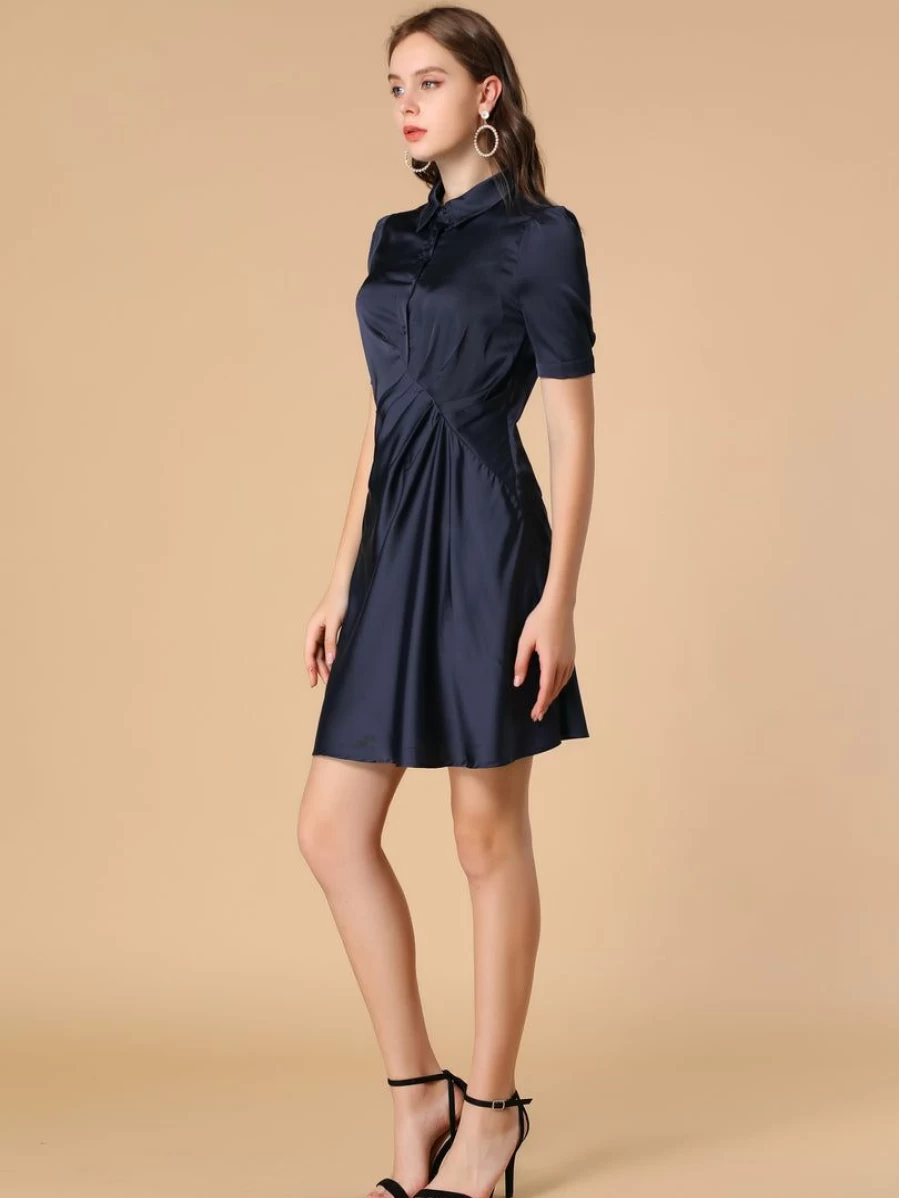 Navy Blue Satin Office Dress for Women with Ruched Detail and Short Sleeves