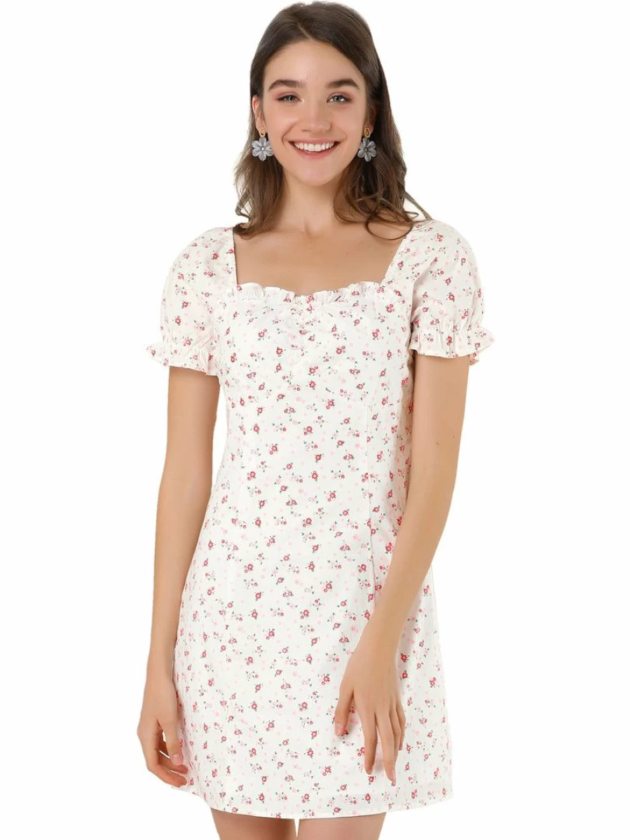 Allegra K Women's White Floral Ruffled Sweetheart Neckline Puff Sleeve Ruched Dress
