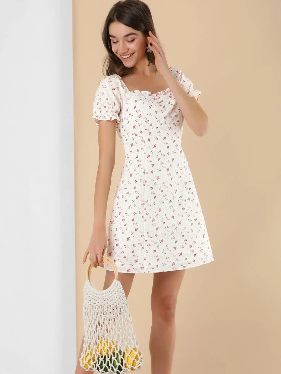 Allegra K Women's White Floral Ruffled Sweetheart Neckline Puff Sleeve Ruched Dress