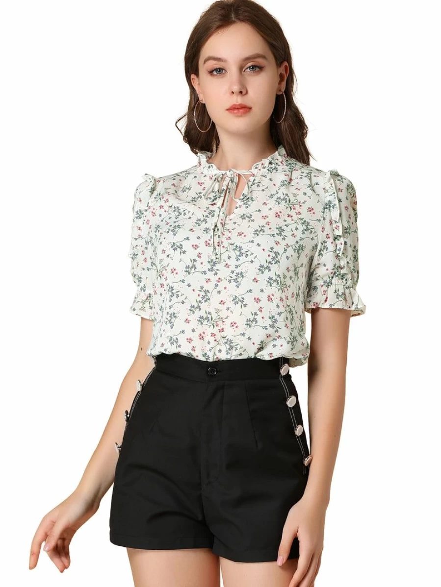 Women's White Floral Ruffle Short Sleeve Tie Neck Casual Blouse