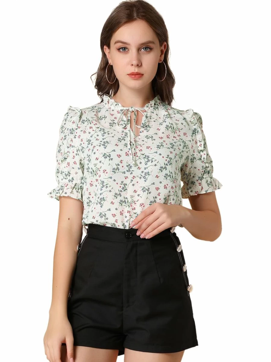 Women's White Floral Ruffle Short Sleeve Tie Neck Casual Blouse