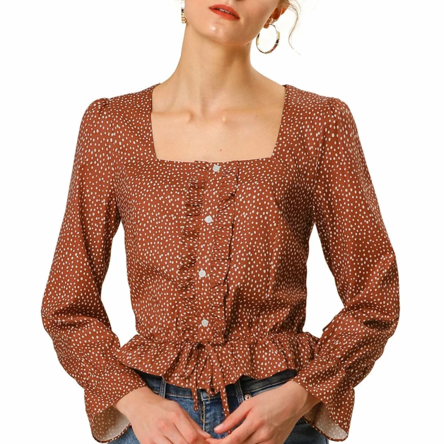 Allegra K Women's Yellow Polka Dot Square Neck Elastic Ruffle Top