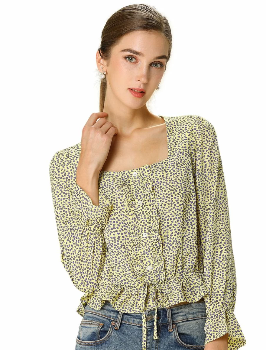 Allegra K Women's Yellow Polka Dot Square Neck Elastic Ruffle Top
