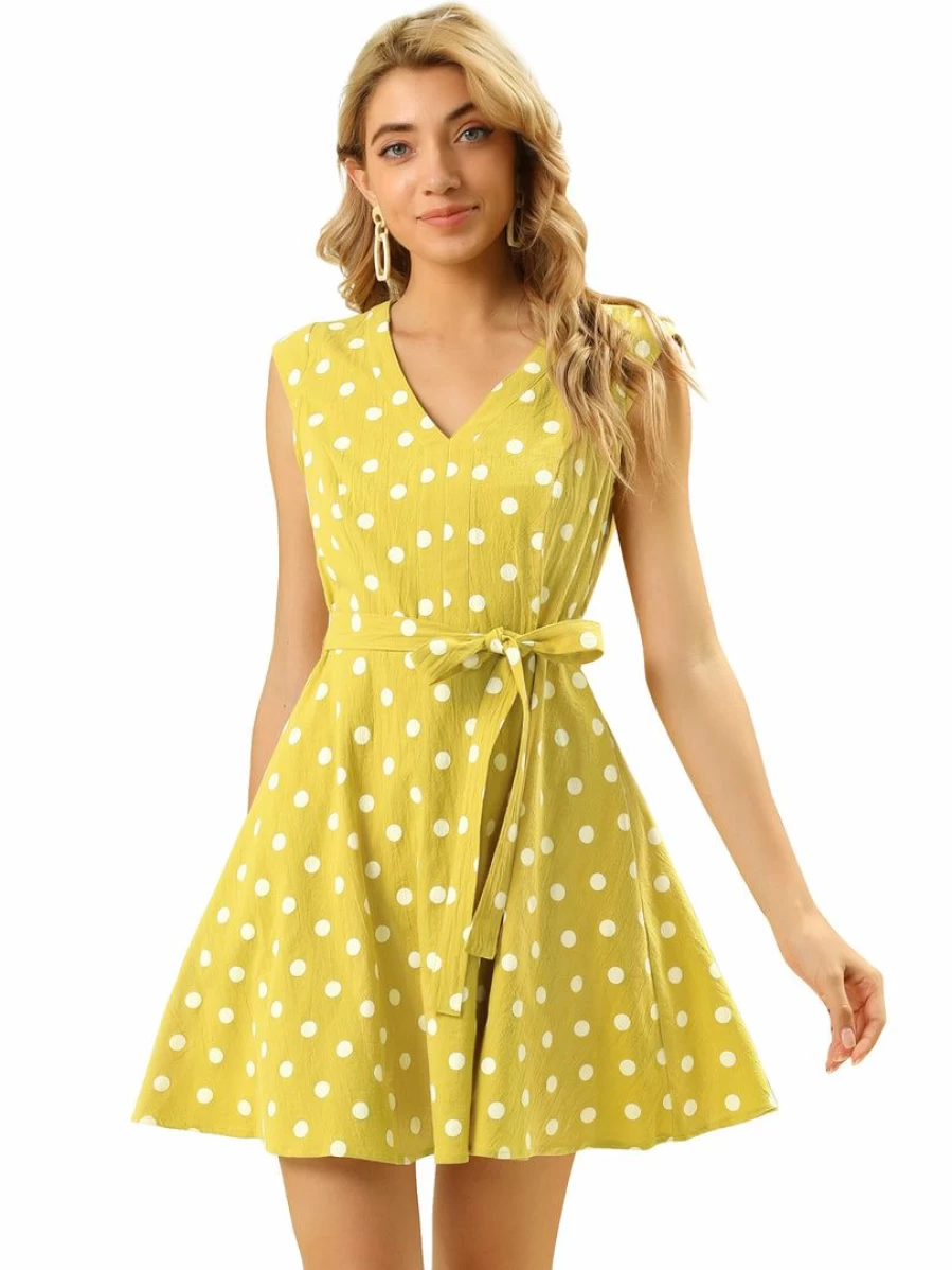 Allegra K Women's Yellow Polka Dot V-Neck Dress with Cap Sleeves and Pockets