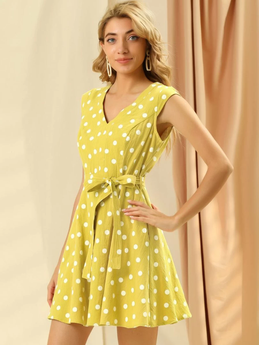 Allegra K Women's Yellow Polka Dot V-Neck Dress with Cap Sleeves and Pockets