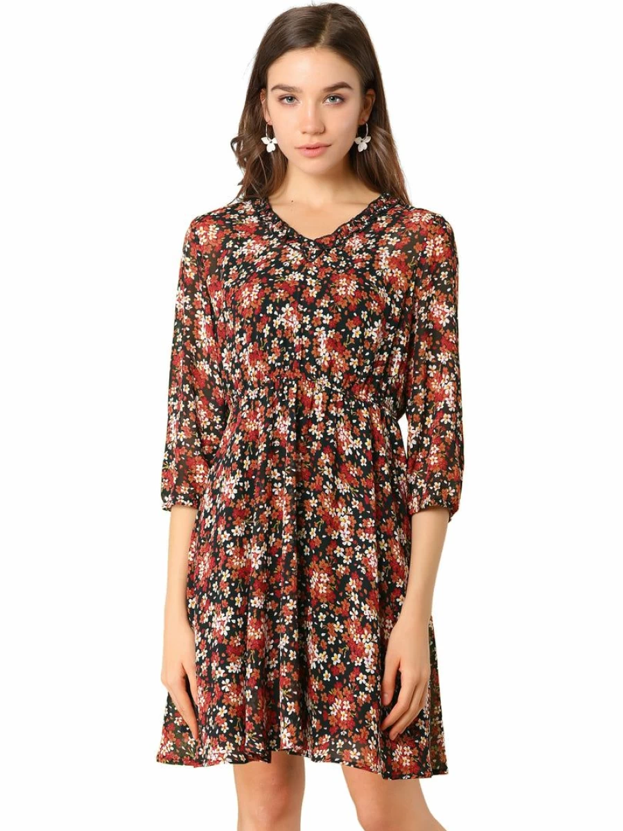 Black Vintage Floral Ruffle V-Neck 3/4 Sleeve Dress with Cami - Women's Elegant Retro Dress