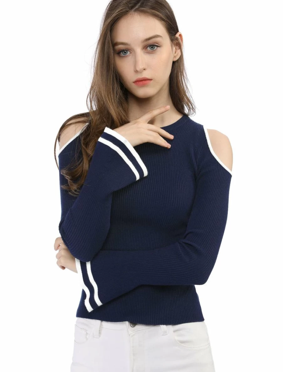 Blue Cold Shoulder Bell Sleeve Striped Trim Knit Top