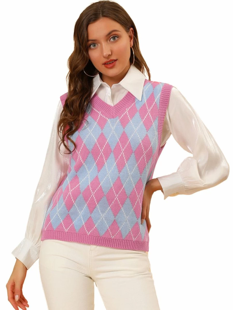 Women's Plaid Check Knit Argyle Sleeveless Vest - Casual Chic Sweater Vest for Fashionable Outfits