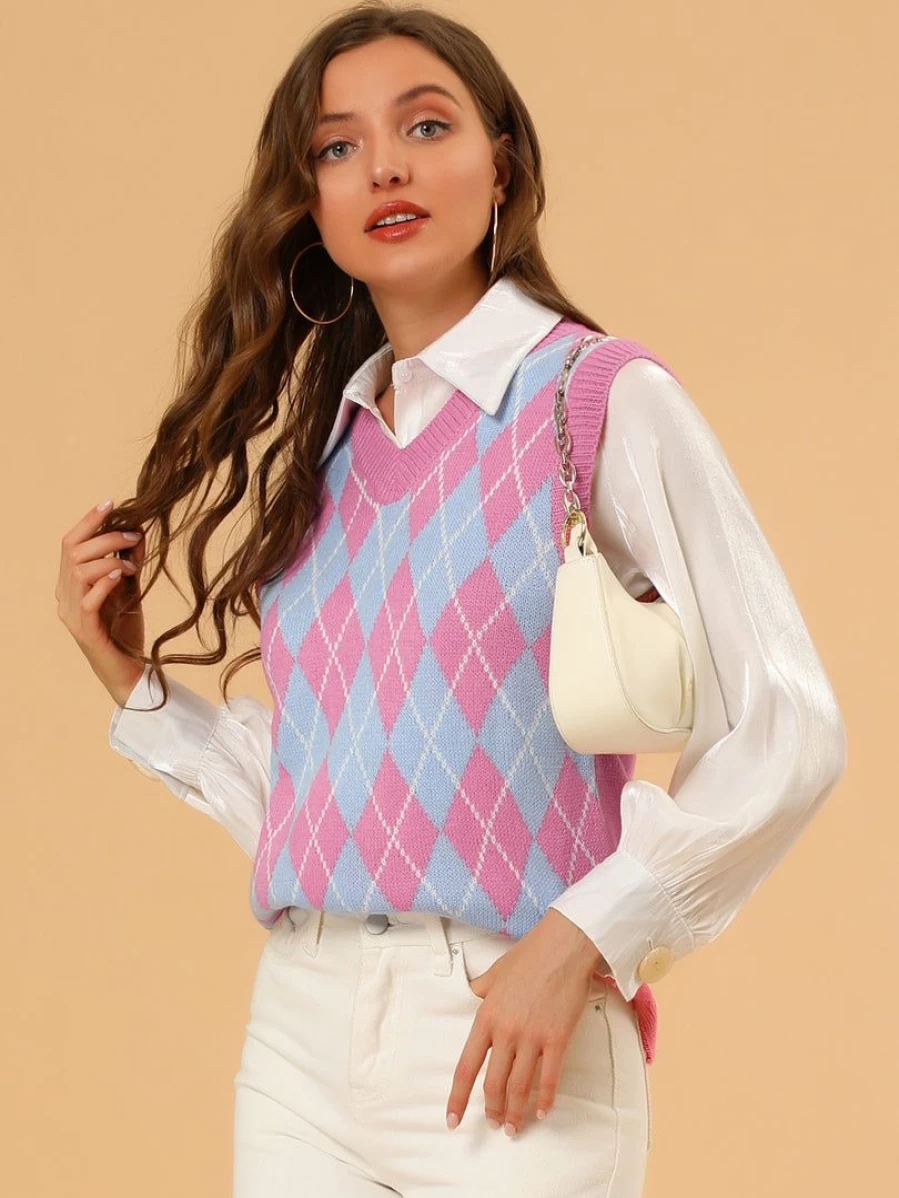 Women's Plaid Check Knit Argyle Sleeveless Vest - Casual Chic Sweater Vest for Fashionable Outfits