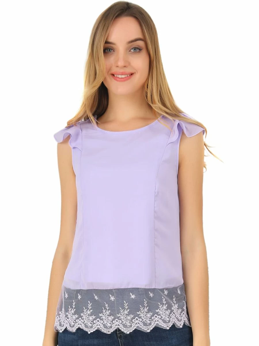 Purple Chiffon Lace Blouse for Women - Round Neck Cap Sleeve Summer Top