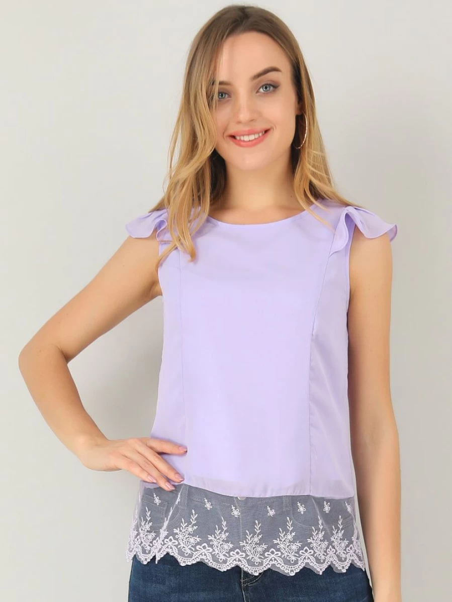 Purple Chiffon Lace Blouse for Women - Round Neck Cap Sleeve Summer Top