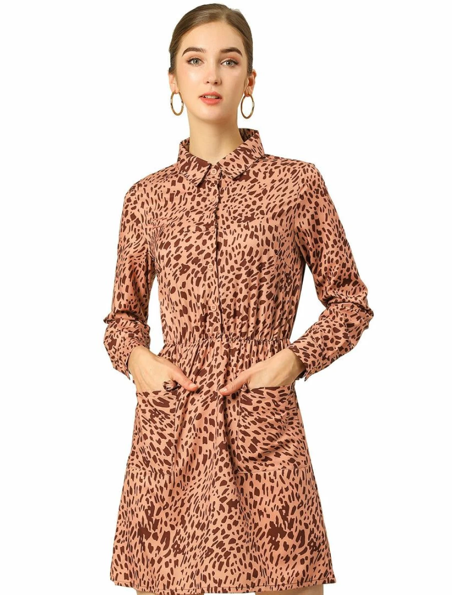 Brown Leopard Print Short Dress with Buttoned Flap Pockets