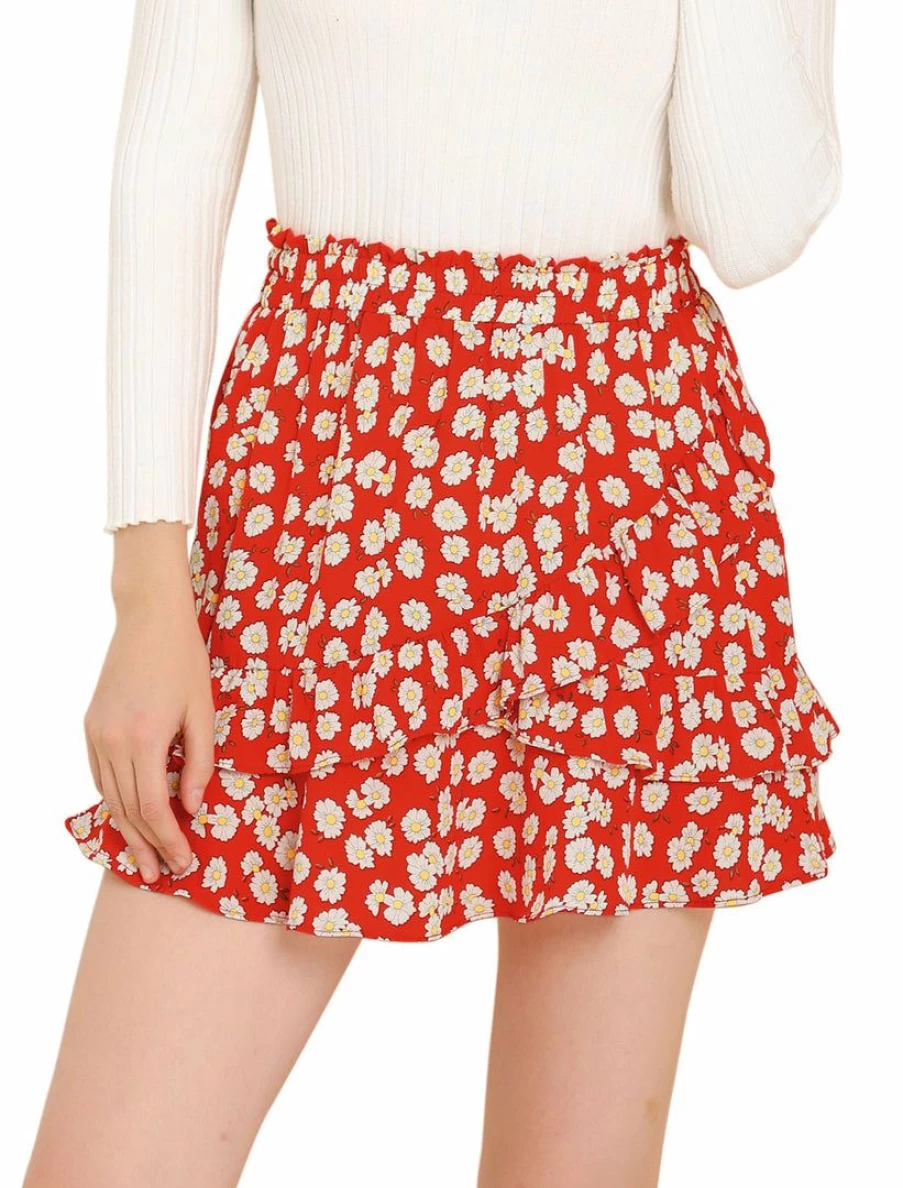 Red Floral Wrap Ruffle Hem A-Line Mini Skirt for Women - Casual Summer Skirt
