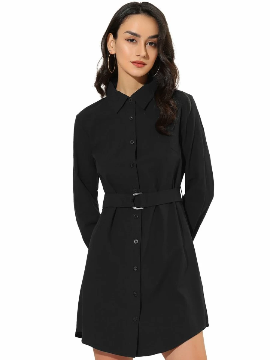Black Belted Roll-Up Sleeve Collared Shirt Dress for Women