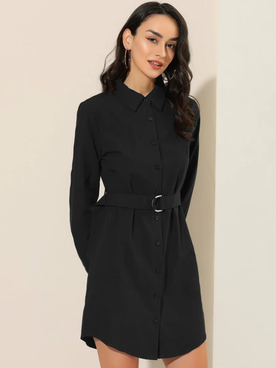 Black Belted Roll-Up Sleeve Collared Shirt Dress for Women