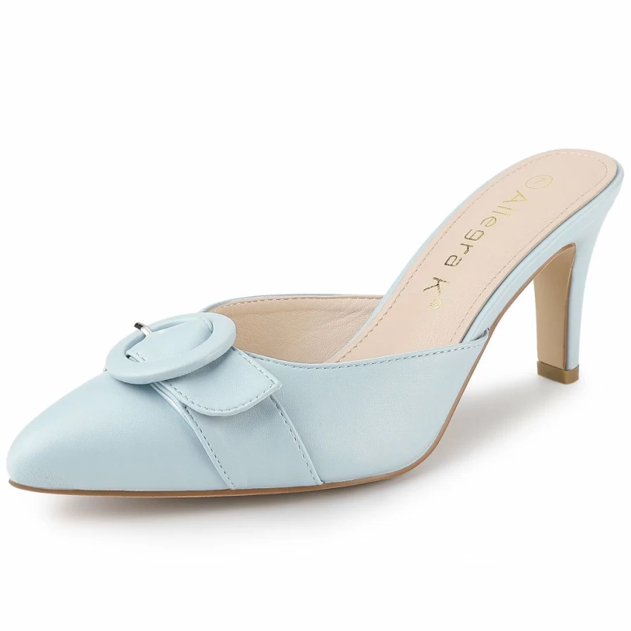 Women's Fashion Pointed Toe Stiletto Heel Mules Slides with Buckle Detail