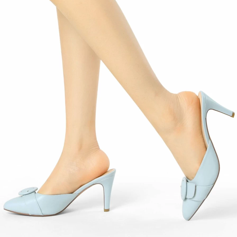 Women's Fashion Pointed Toe Stiletto Heel Mules Slides with Buckle Detail