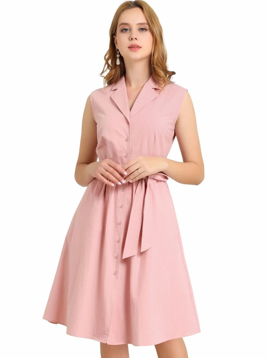 Women's Sleeveless Notched Lapel Belted Office Midi Shirt Dress for Business Attire
