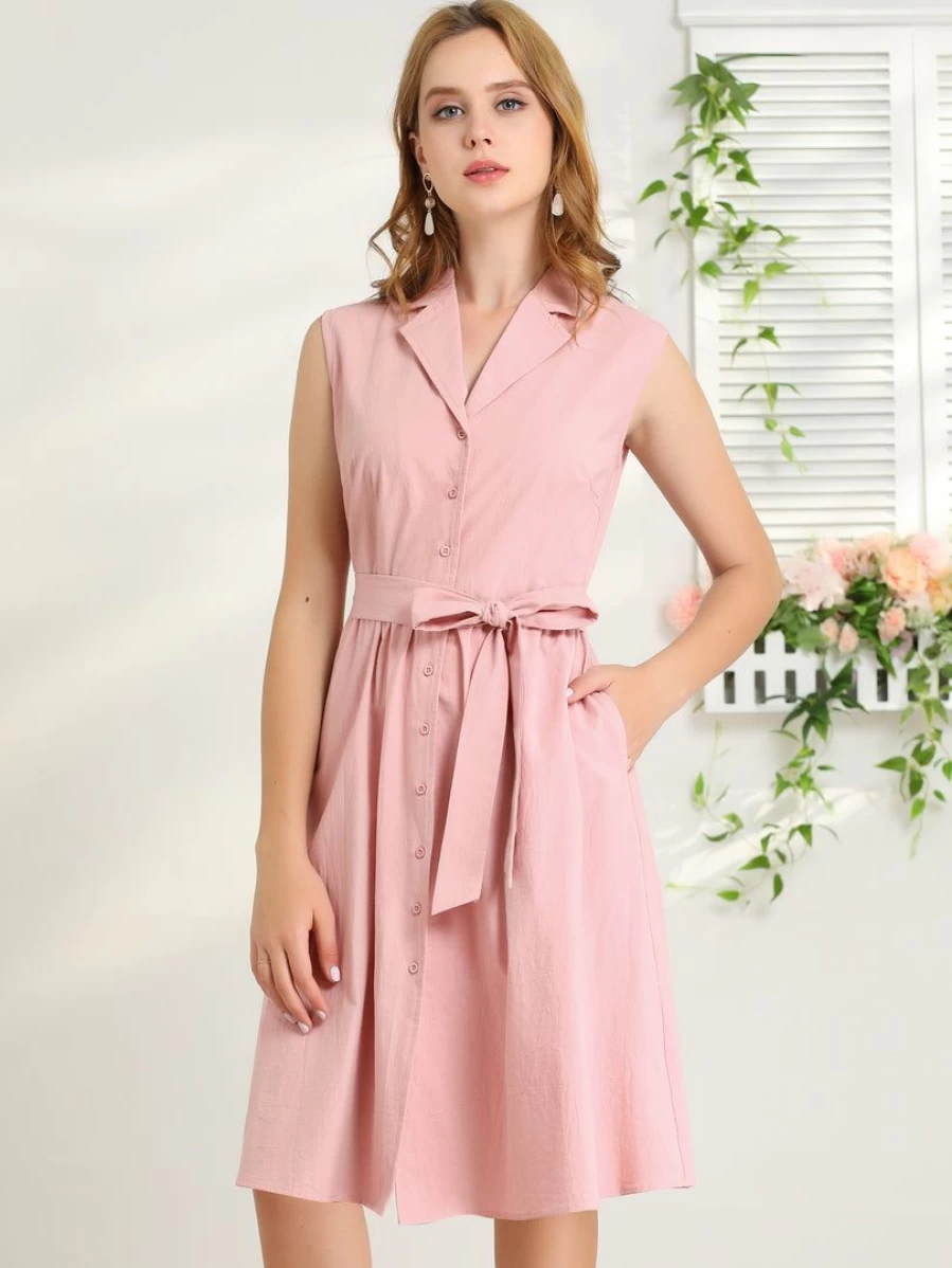Women's Sleeveless Notched Lapel Belted Office Midi Shirt Dress for Business Attire