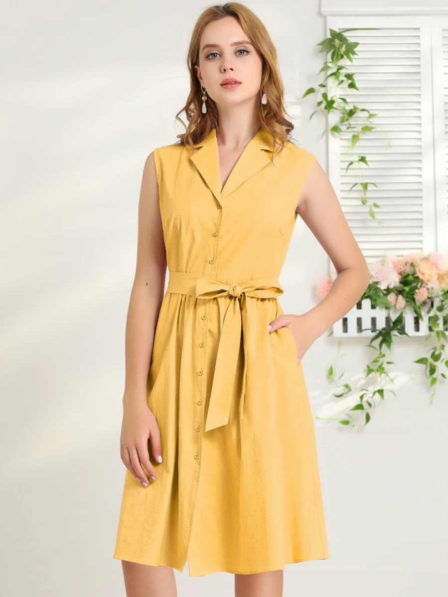Women's Sleeveless Notched Lapel Belted Office Midi Shirt Dress for Business Attire