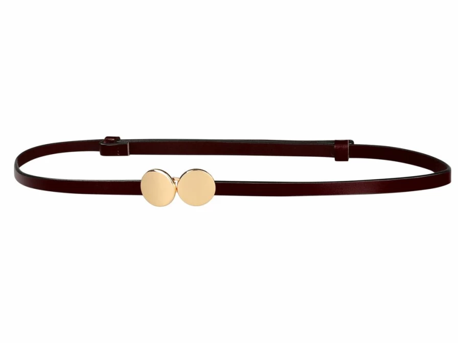 Women's Fashion Skinny Belt with Round Golden Interlock Buckle - Stylish Accessory for Dresses & Pants