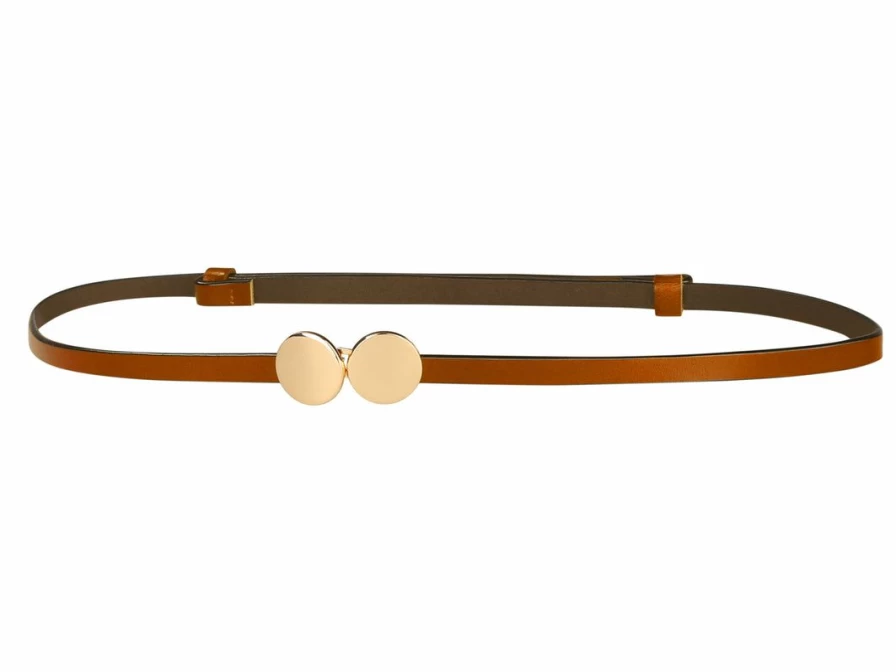 Women's Fashion Skinny Belt with Round Golden Interlock Buckle - Stylish Accessory for Dresses & Pants