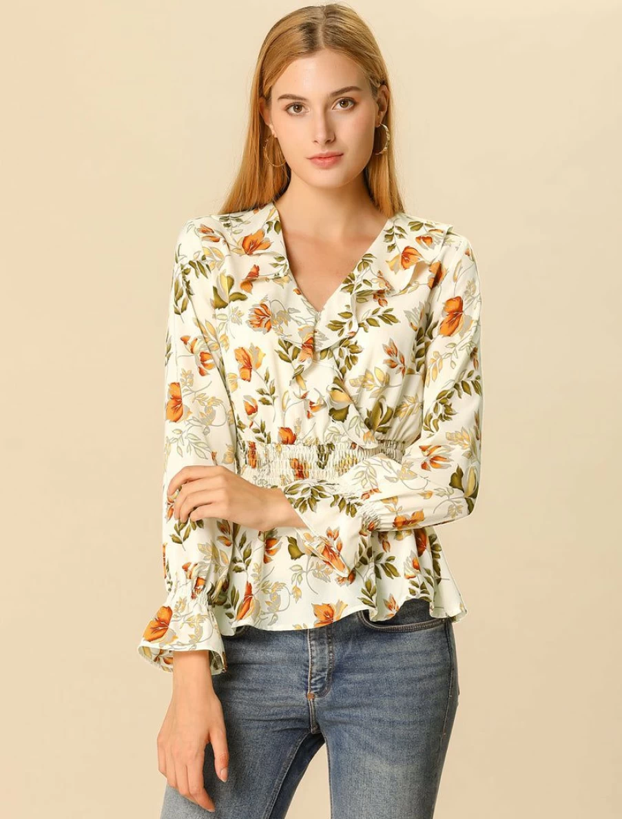 Beige Floral Peplum Top with Ruffle Lapel V Neck and Smocked Long Elastic Sleeves