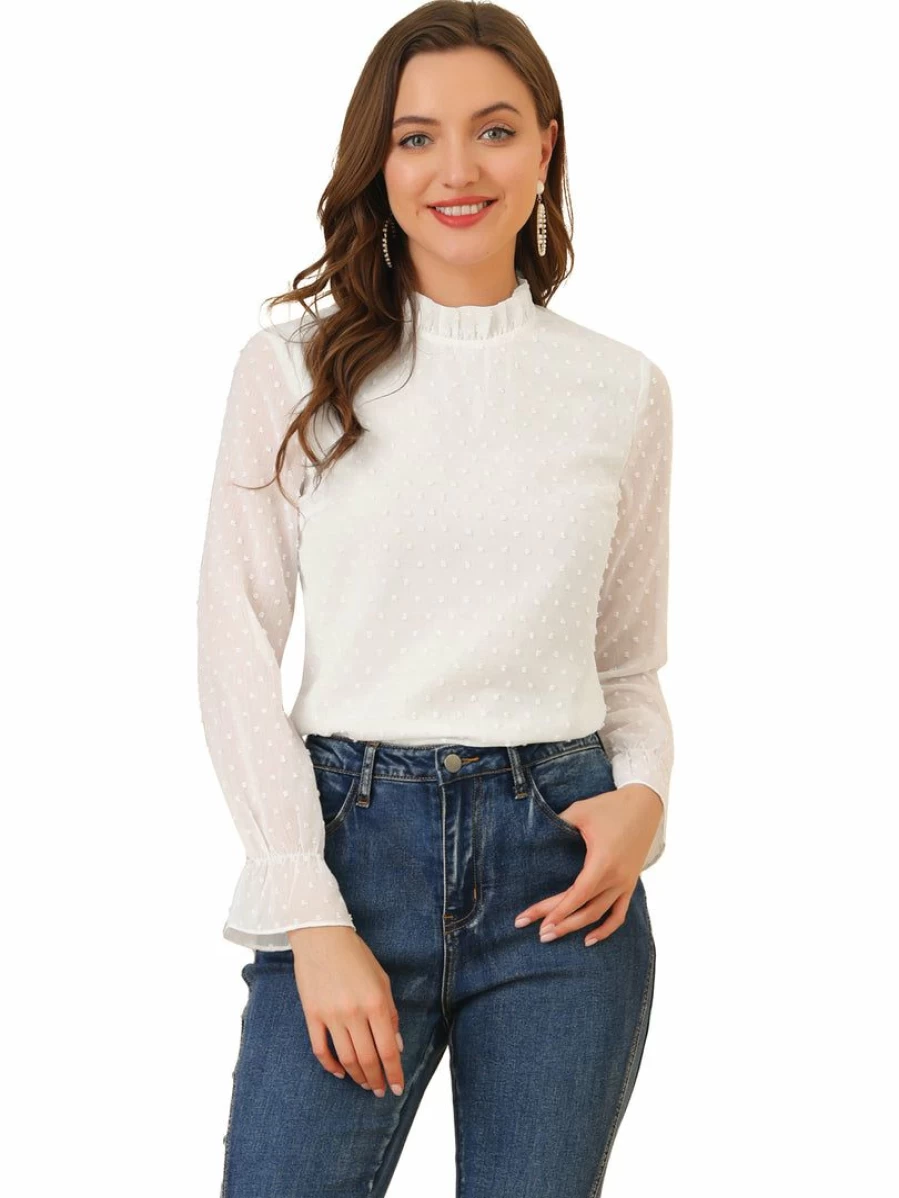 Women's White Semi-Sheer Chiffon Blouse with Swiss Dots and Ruffle Mock Neck Long Sleeve Top
