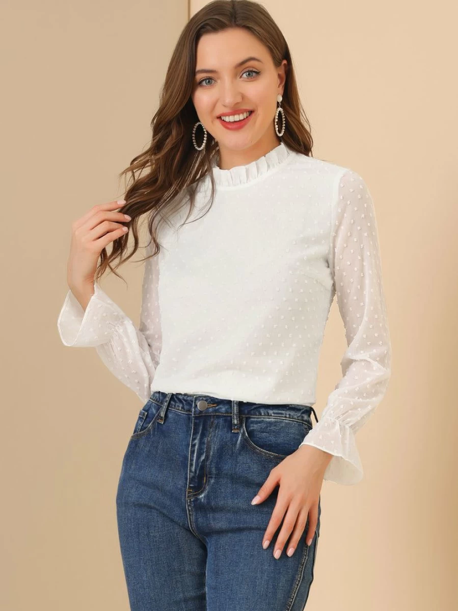 Women's White Semi-Sheer Chiffon Blouse with Swiss Dots and Ruffle Mock Neck Long Sleeve Top