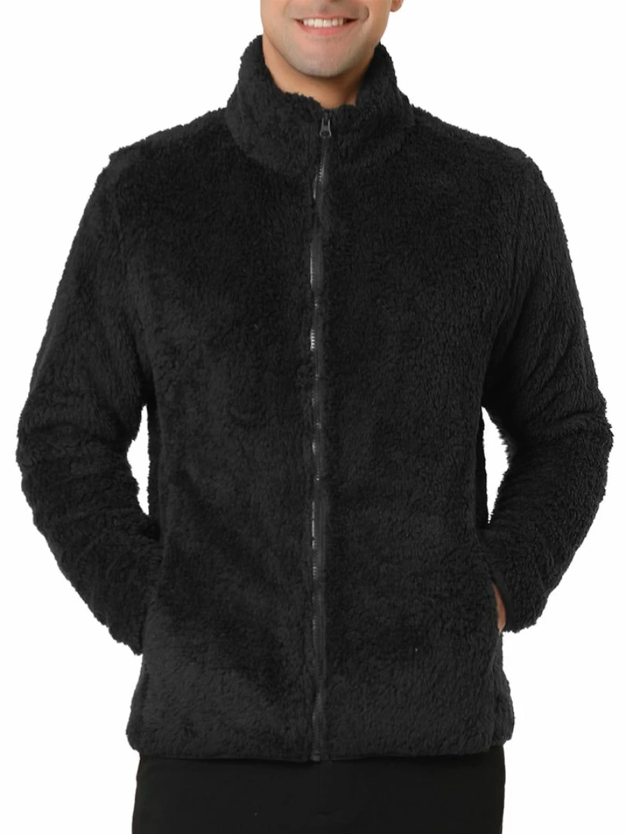 Men's Solid Color Sherpa Fleece Jacket with Full-Zip for Winter Warmth