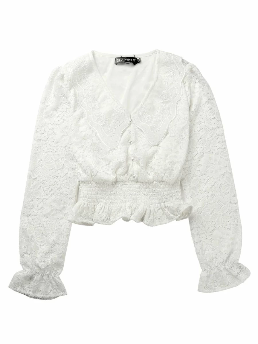 Women's White Floral Lace Top with Peter Pan Collar, Ruffled Trim & Smocked Waist - Semi-Sheer Blouse