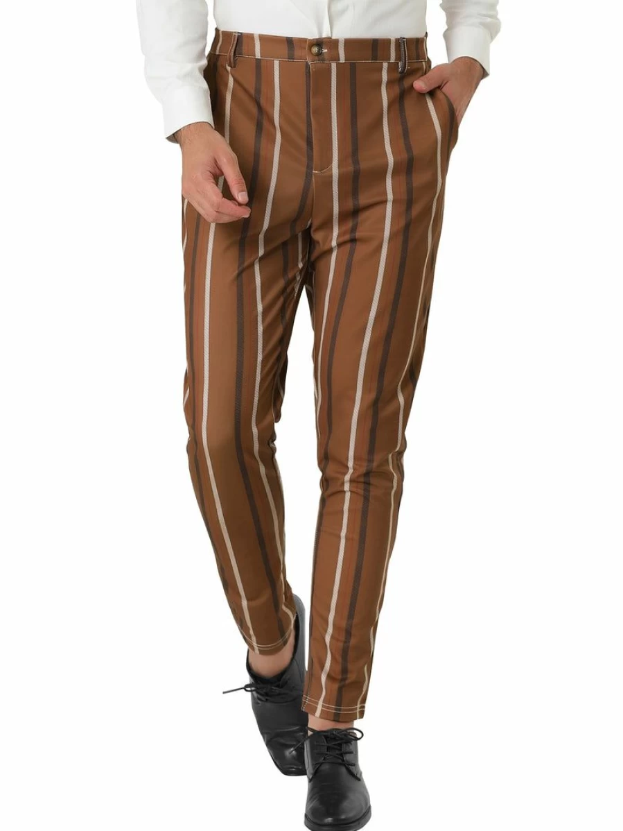Men's Slim Fit Casual Striped Dress Pants Flat Front Contrast Color Suit Trousers