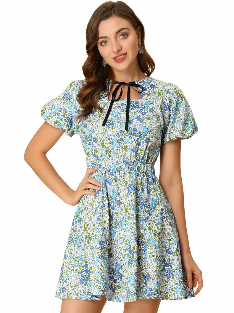 Blue Floral Mini Dress for Women - Summer Tie Neck Keyhole Puff Short Sleeve