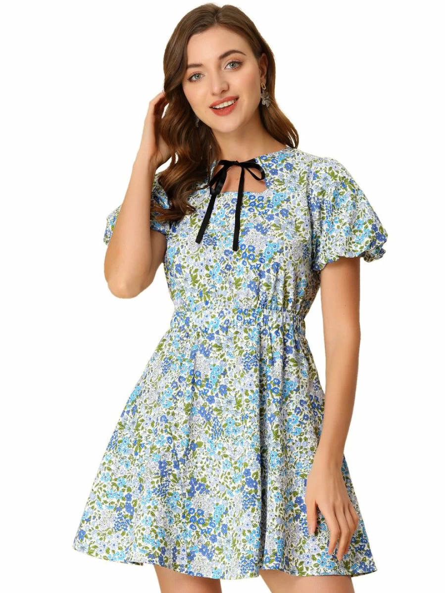 Blue Floral Mini Dress for Women - Summer Tie Neck Keyhole Puff Short Sleeve