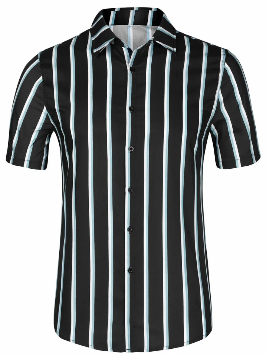 Men's Summer Short Sleeve Striped Button Down Shirt Color Block Casual Beach Shirt