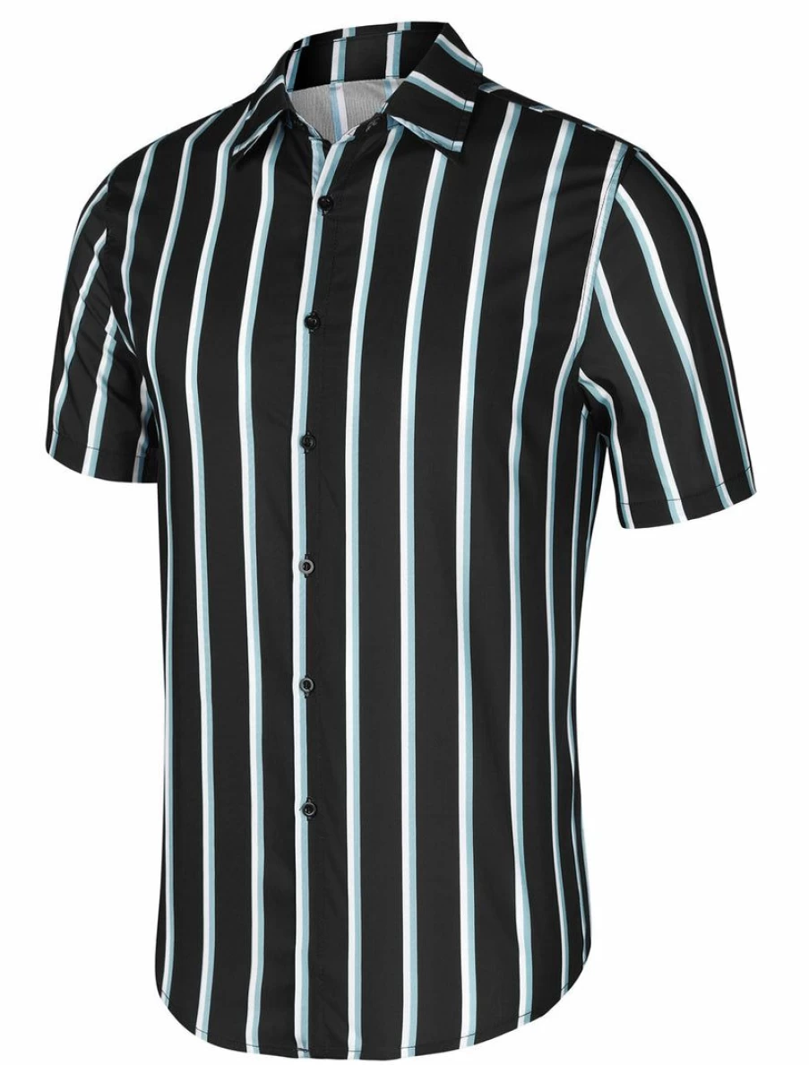 Men's Summer Short Sleeve Striped Button Down Shirt Color Block Casual Beach Shirt