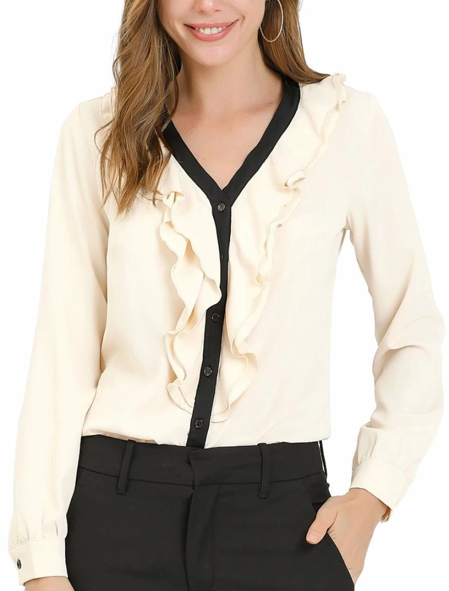 Beige Elegant Ruffled Contrast Blouse for Women - Work Button Down Shirt