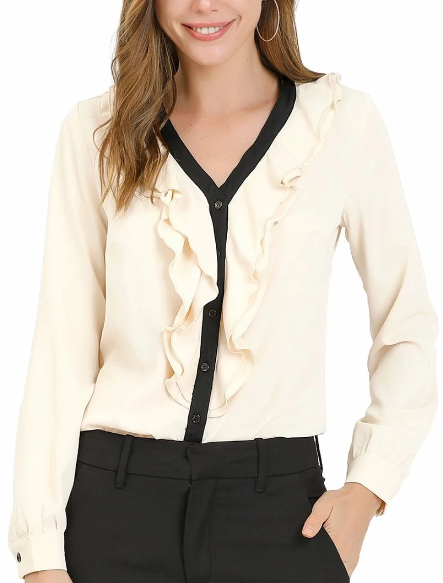 Beige Elegant Ruffled Contrast Blouse for Women - Work Button Down Shirt
