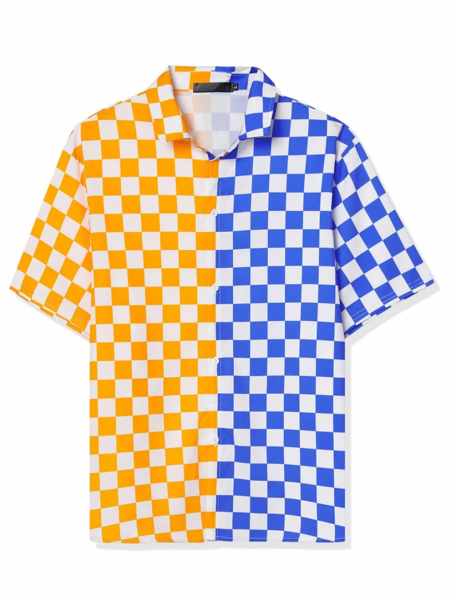 Men's Summer Color Block Short Sleeve Button Down Plaid Shirt with Patchwork Design