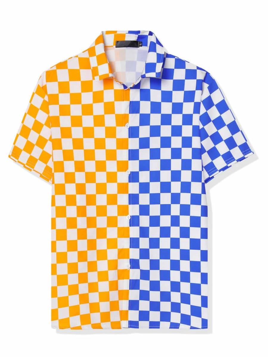 Men's Summer Color Block Short Sleeve Button Down Plaid Shirt with Patchwork Design