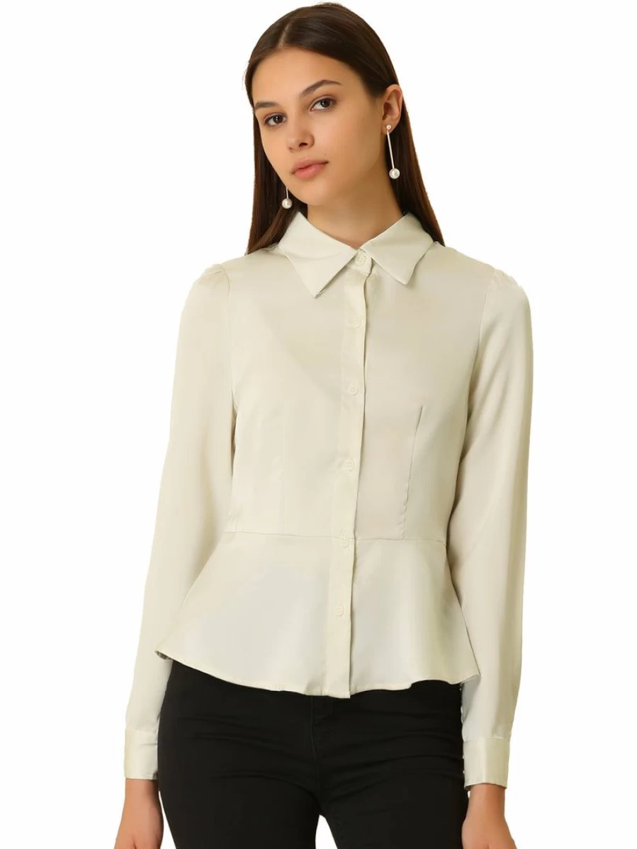 Women's Beige Satin Peplum Blouse with Turn Down Collar for Work & Career