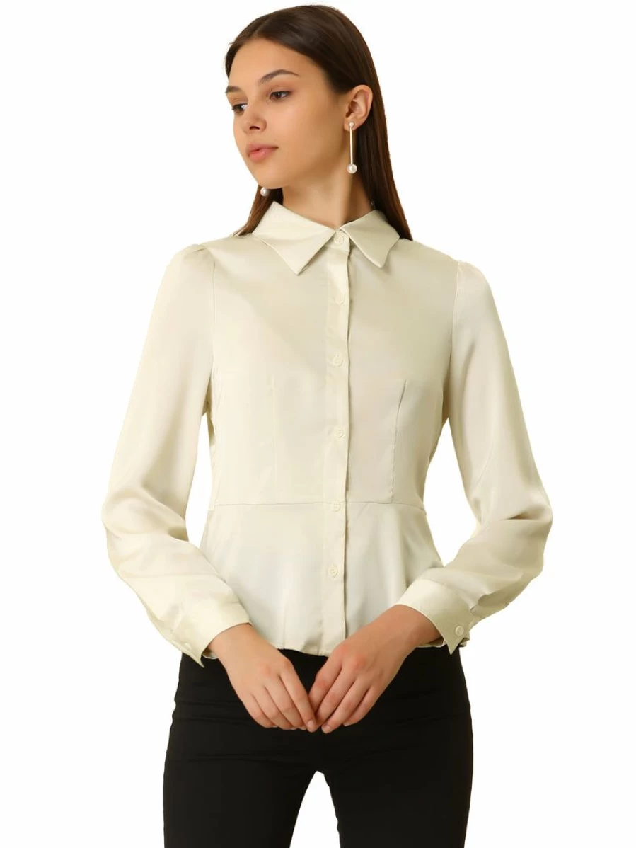 Women's Beige Satin Peplum Blouse with Turn Down Collar for Work & Career
