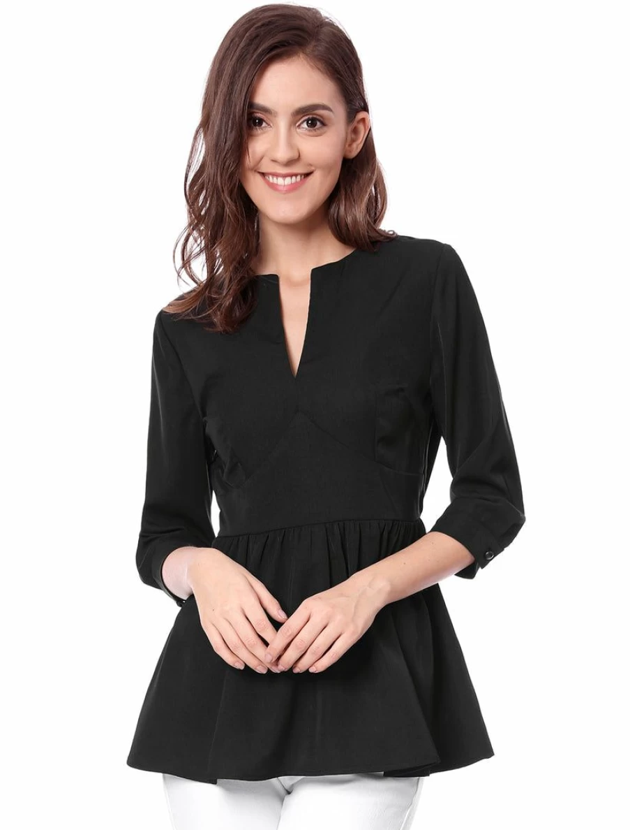 Women's Beige Peplum Top with V-Neck and 3/4 Sleeves - Elegant Button Cuffs Blouse