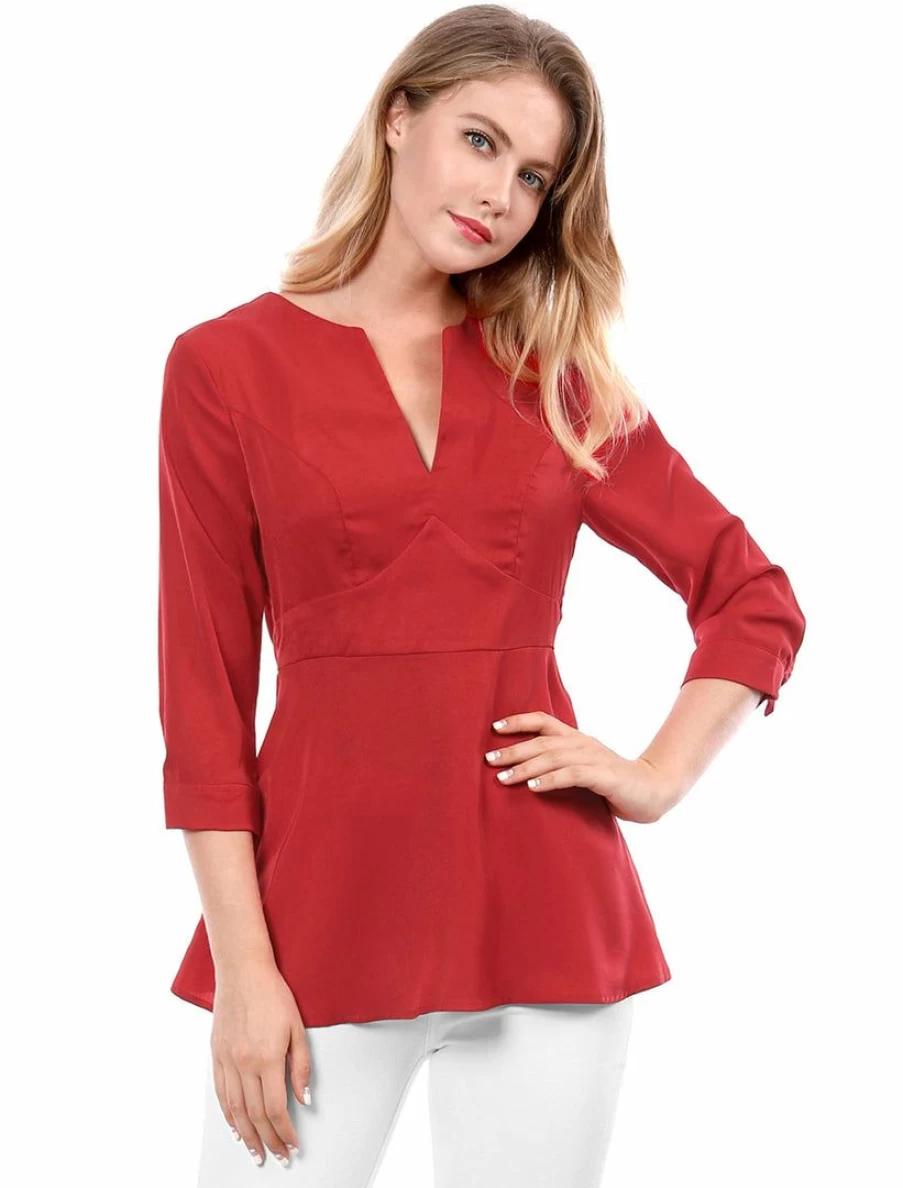Women's Beige Peplum Top with V-Neck and 3/4 Sleeves - Elegant Button Cuffs Blouse