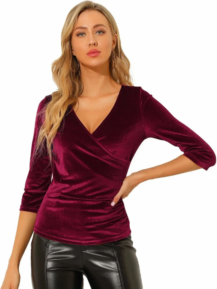 Women's Wine Red V-Neck 3/4 Sleeve Wrap Ruched Velvet Blouse for Casual Wear