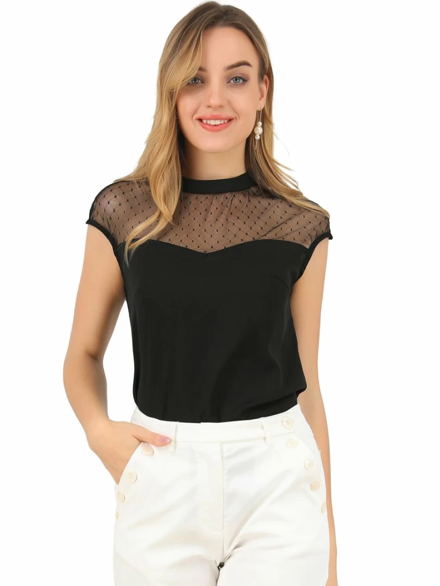 Black Sleeveless Lace Panel Blouse for Women with Round Neck and Keyhole Detail